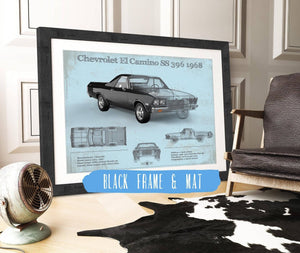 20" x 16" / Black Frame & Mat Cutler West Chevrolet El Camino SS 396 1968 Vintage Blueprint Auto Print