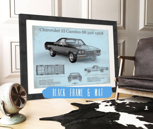 20" x 16" / Black Frame & Mat Cutler West Chevrolet El Camino SS 396 1968 Vintage Blueprint Auto Print