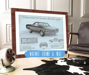 20" x 16" / Walnut Frame & Mat Cutler West Chevrolet El Camino SS 396 1968 Vintage Blueprint Auto Print