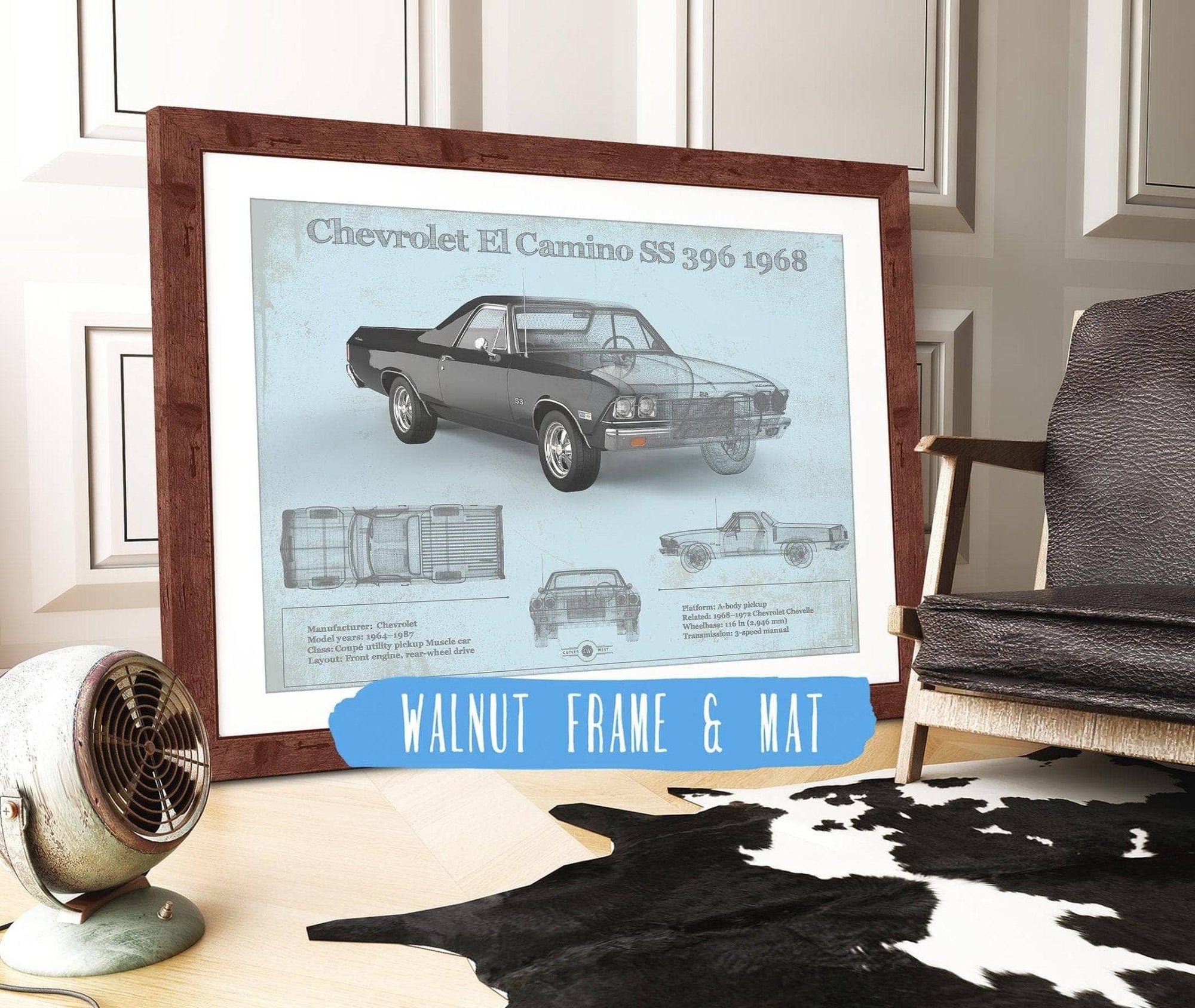 Cutler West Chevrolet Collection Chevrolet El Camino SS 396 1968 Vintage Blueprint Auto Print