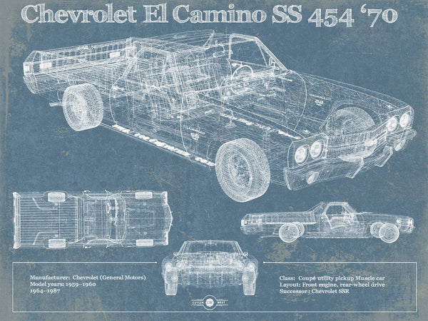 14" x 11" / Unframed Cutler West Chevrolet El Camino SS 454 1970 Vintage Blueprint Auto Print