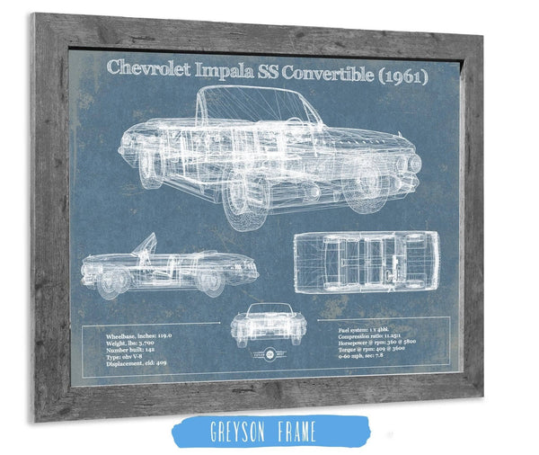 14" x 11" / Greyson Frame Cutler West Chevrolet Impala SS Convertible (1961) Blueprint Vintage Auto Print