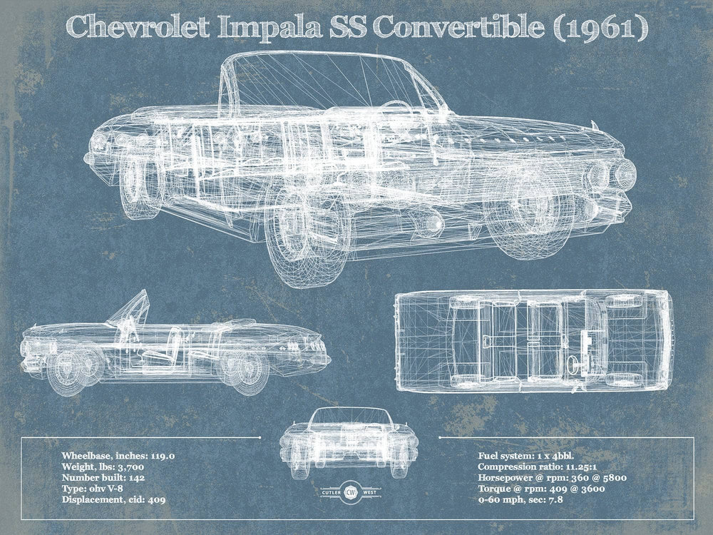 14" x 11" / Stretched Canvas Wrap Cutler West Chevrolet Impala SS Convertible (1961) Blueprint Vintage Auto Print