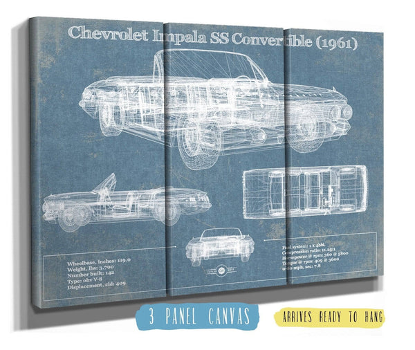 36" x 24" / 3 Panel Canvas Wrap Cutler West Chevrolet Impala SS Convertible (1961) Blueprint Vintage Auto Print