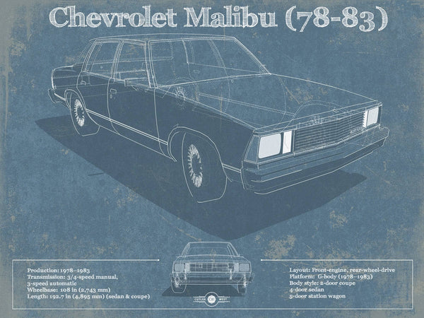 14" x 11" / Unframed Cutler West Chevrolet Malibu 78-83 Blueprint Vintage Auto Patent Print