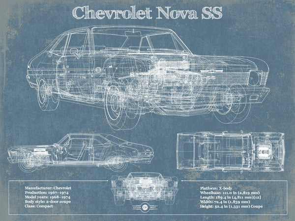 14" x 11" / Unframed Cutler West Chevrolet Nova SS Blueprint Vintage Auto Patent Print