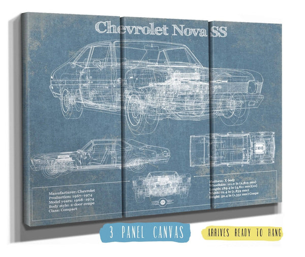 36" x 24" / 3 Panel Canvas Wrap Cutler West Chevrolet Nova SS Blueprint Vintage Auto Patent Print