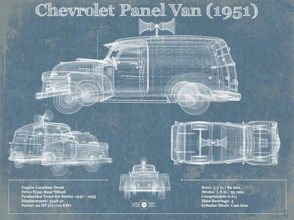 14" x 11" / Unframed Cutler West Chevrolet Panel Van 1951 Car Blueprint Vintage Auto Print