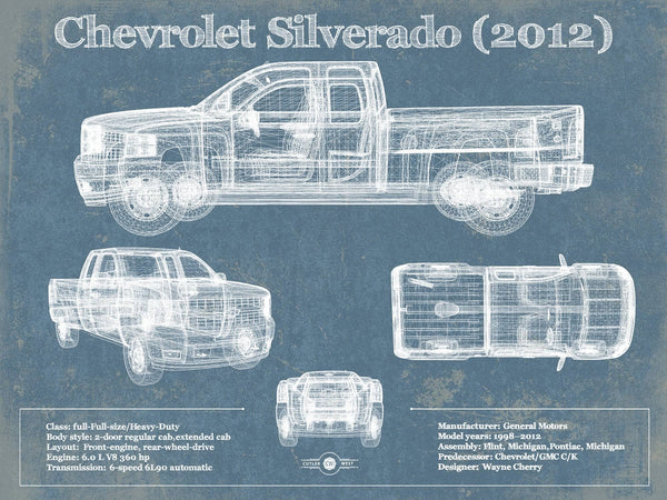 14" x 11" / Unframed Cutler West Chevrolet Silverado 2012 Vintage Blueprint Auto Print