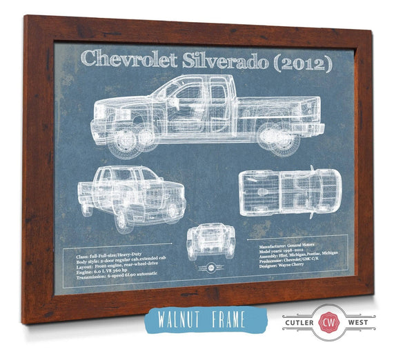20" x 16" / Walnut Frame Cutler West Chevrolet Silverado 2012 Vintage Blueprint Auto Print