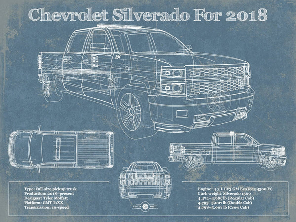14" x 11" / Unframed Cutler West Chevrolet Silverado 2018 Blueprint Vintage Truck Patent Print