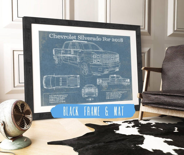 20" x 16" / Black Frame & Mat Cutler West Chevrolet Silverado 2018 Blueprint Vintage Truck Patent Print
