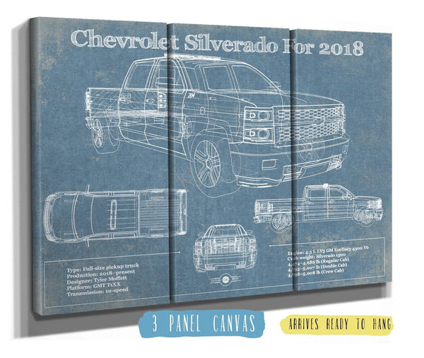 36" x 24" / 3 Panel Canvas Wrap Cutler West Chevrolet Silverado 2018 Blueprint Vintage Truck Patent Print