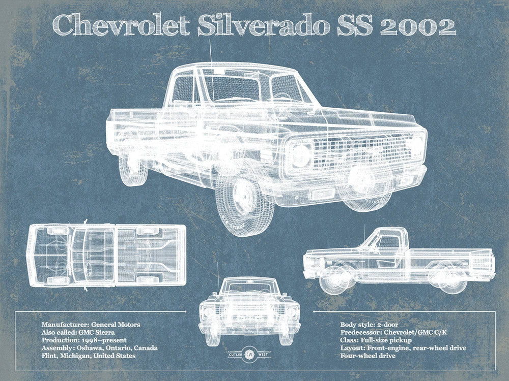 14" x 11" / Stretched Canvas Wrap Cutler West Chevrolet Silverado SS 2002 Blueprint Vintage Auto Patent Print