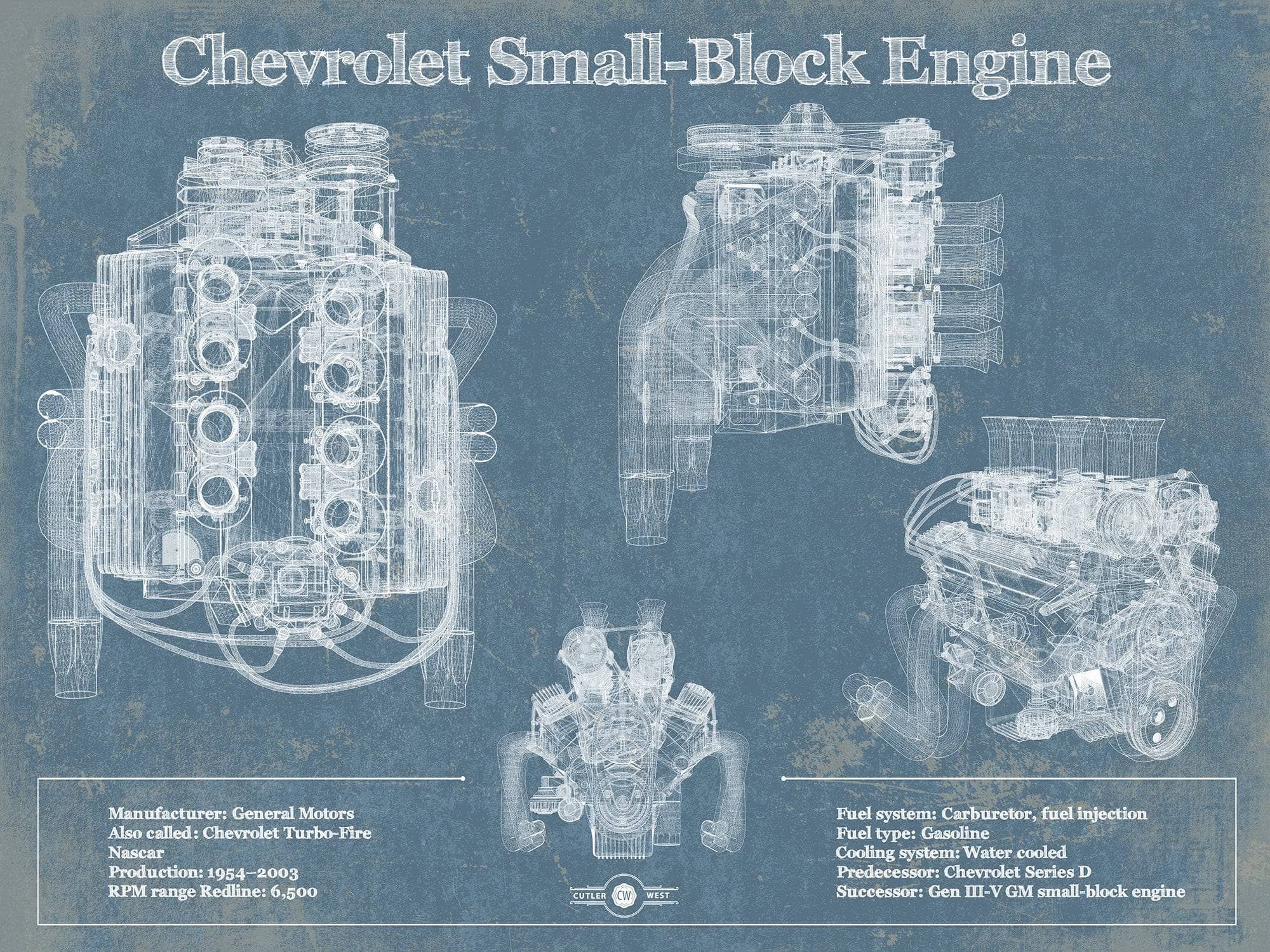 Cutler West Chevrolet Collection Chevrolet Small-Block Engine Vintage Blueprint Auto Engine Patent Print