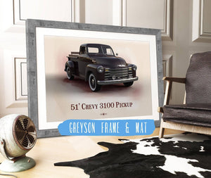 14" x 11" / Greyson Frame & Mat Cutler West Chevy 3100 Pickup 1951 - Blueprint Vintage Auto Print