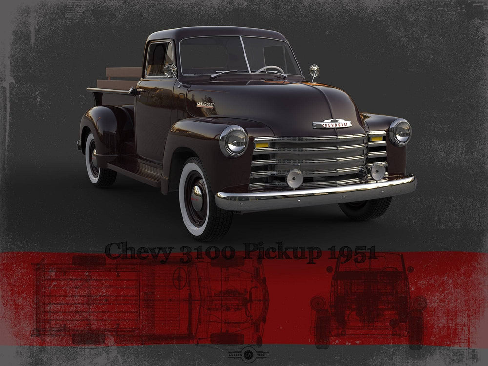 14" x 11" / Stretched Canvas Wrap Cutler West Chevy 3100 Pickup 1951 Blueprint Vintage Auto Print