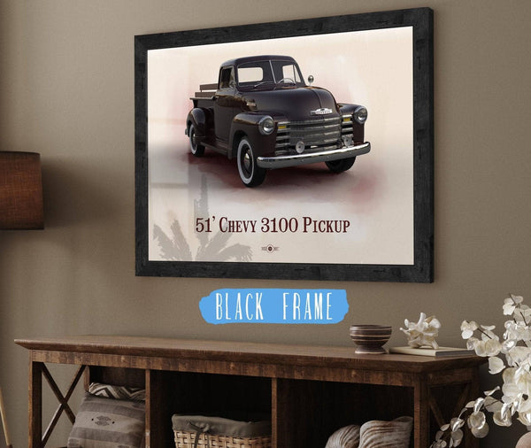 20" x 16" / Black Frame Cutler West Chevy 3100 Pickup 1951 - Blueprint Vintage Auto Print