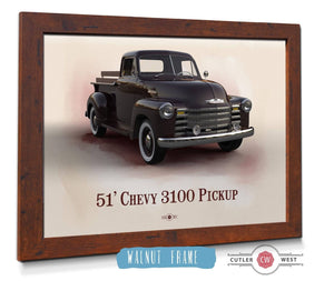 20" x 16" / Walnut Frame Cutler West Chevy 3100 Pickup 1951 - Blueprint Vintage Auto Print