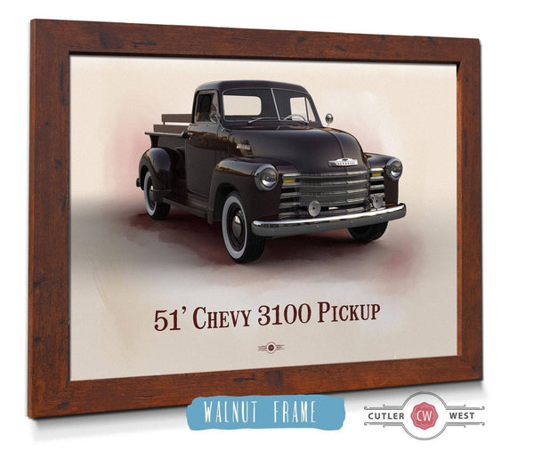 20" x 16" / Walnut Frame Cutler West Chevy 3100 Pickup 1951 - Blueprint Vintage Auto Print