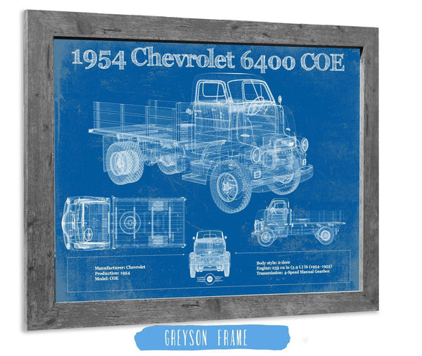 14" x 11" / Greyson Frame Cutler West Chevy 6400 COE  1954 Flat Bed Truck Vintage Blueprint Art