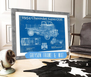 14" x 11" / Greyson Frame & Mat Cutler West Chevy 6400 COE  1954 Flat Bed Truck Vintage Blueprint Art