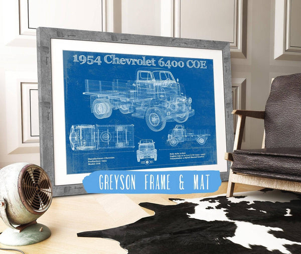 14" x 11" / Greyson Frame & Mat Cutler West Chevy 6400 COE  1954 Flat Bed Truck Vintage Blueprint Art