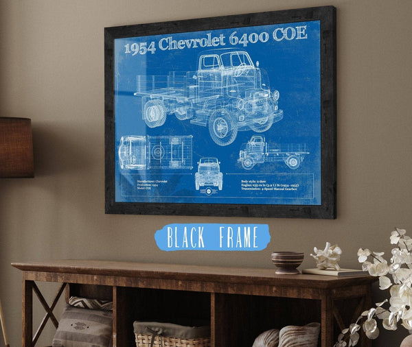 20" x 16" / Black Frame Cutler West Chevy 6400 COE  1954 Flat Bed Truck Vintage Blueprint Art
