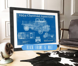 20" x 16" / Black Frame & Mat Cutler West Chevy 6400 COE  1954 Flat Bed Truck Vintage Blueprint Art