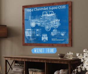 20" x 16" / Walnut Frame Cutler West Chevy 6400 COE  1954 Flat Bed Truck Vintage Blueprint Art