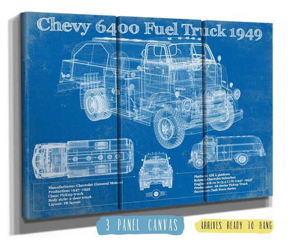 36" x 24" / 3 Panel Canvas Wrap Cutler West Chevy 6400 Fuel Truck 1949 Vintage Blueprint Auto Print