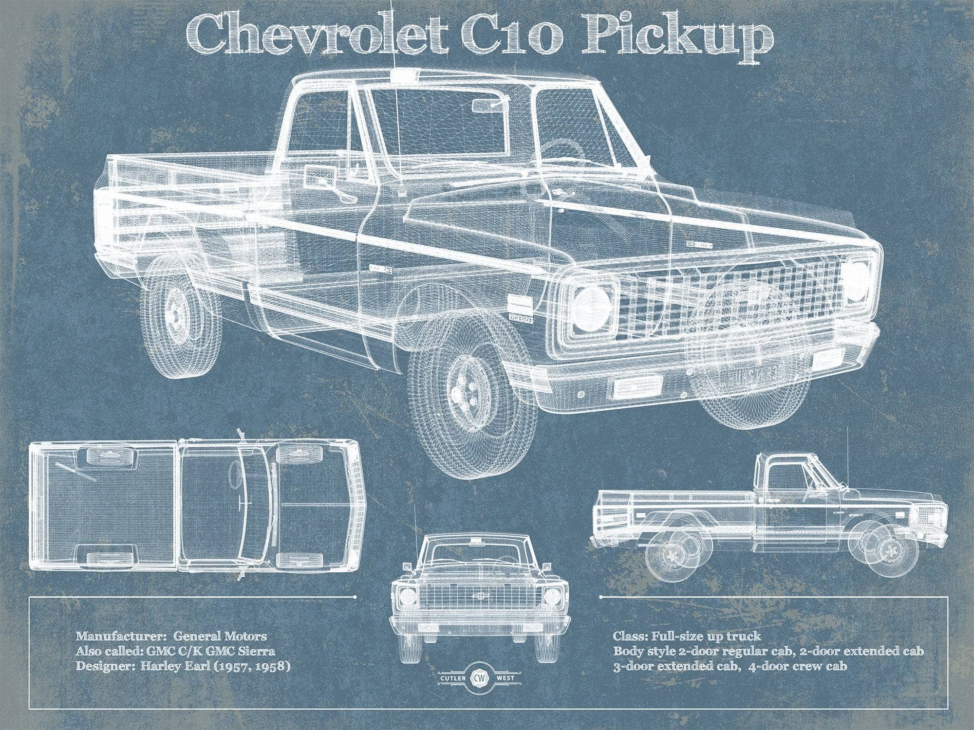 Cutler West Chevrolet Collection Chevy C10 Pickup 2nd Generation Vintage Blueprint Auto Print