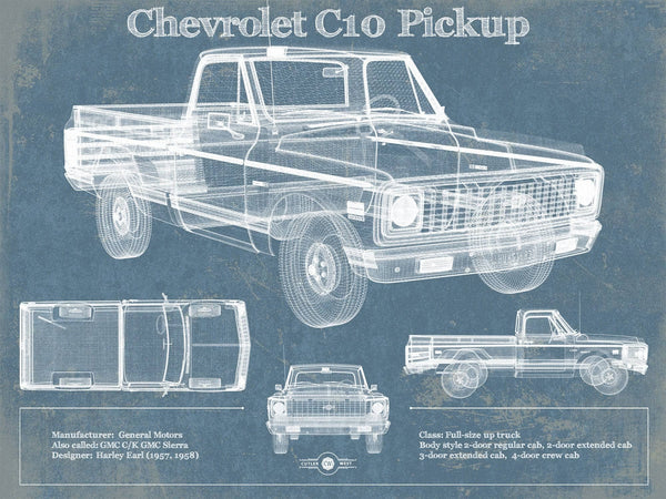 14" x 11" / Unframed Cutler West Chevy C10 Pickup 2nd Generation Vintage Blueprint Auto Print