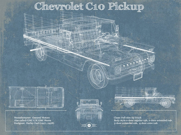 14" x 11" / Unframed Cutler West Chevy C10 Pickup Vintage Blueprint Auto Print