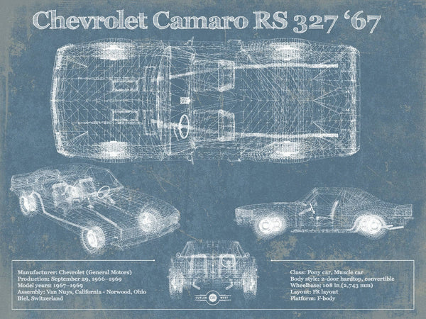 14" x 11" / Unframed Cutler West Chevy Camaro 327 RS 1967 Vintage Blueprint Auto Print