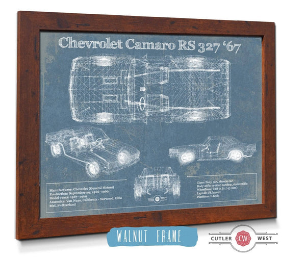 20" x 16" / Walnut Frame Cutler West Chevy Camaro 327 RS 1967 Vintage Blueprint Auto Print