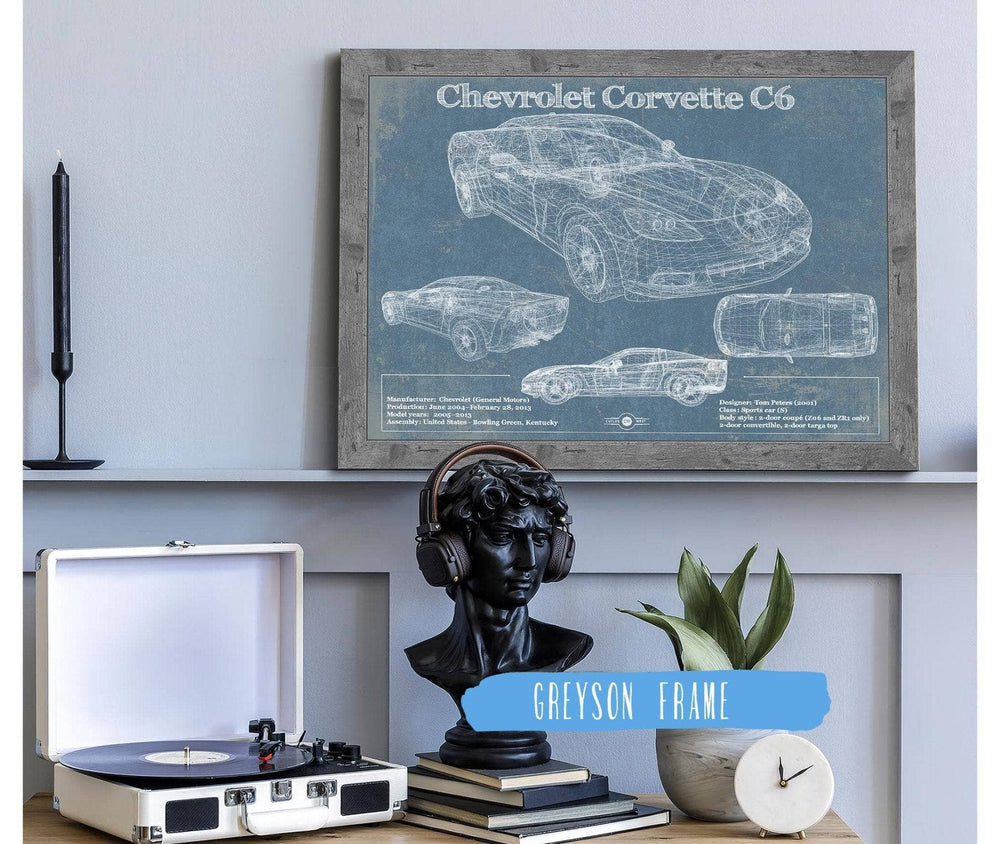 14" x 11" / Stretched Canvas Wrap Cutler West Chevy Corvette C6 Vintage Blueprint Auto Print