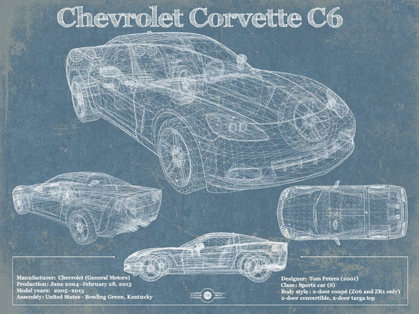 14" x 11" / Unframed Cutler West Chevy Corvette C6 Vintage Blueprint Auto Print