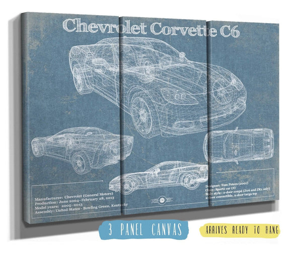 36" x 24" / 3 Panel Canvas Wrap Cutler West Chevy Corvette C6 Vintage Blueprint Auto Print