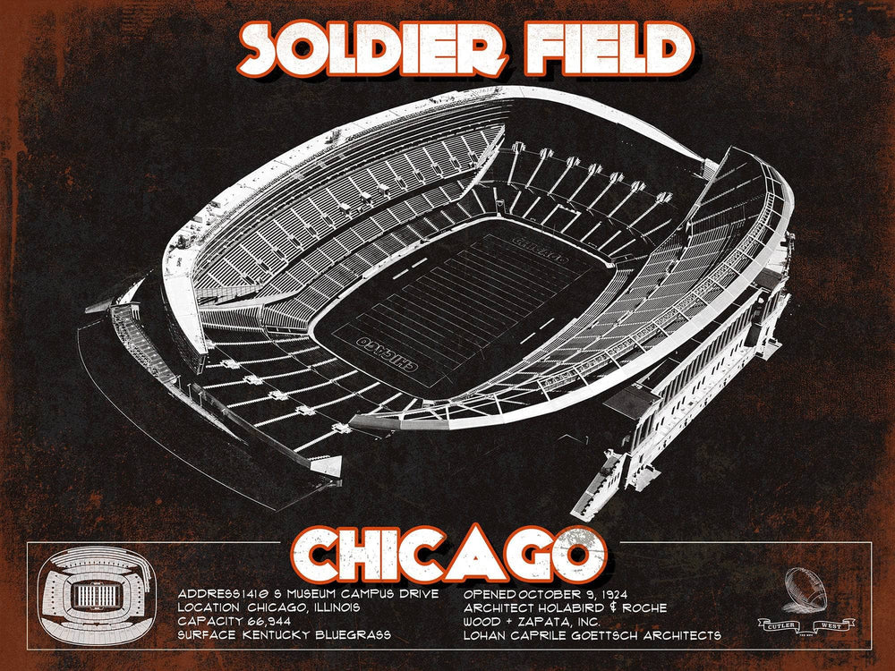 14" x 11" / Stretched Canvas Wrap Cutler West Chicago Bears Stadium Seating Chart Soldier Field - Vintage Football Print