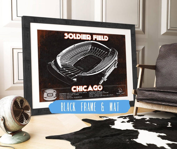20" x 16" / Black Frame & Mat Cutler West Chicago Bears Stadium Seating Chart Soldier Field - Vintage Football Print