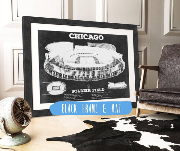 20" x 16" / Black Frame & Mat Cutler West Chicago Bears Stadium Seating Chart - Soldier Field Vintage Football Print