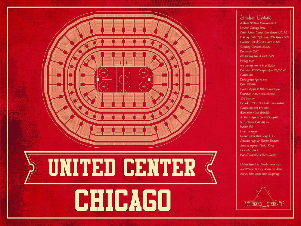 14" x 11" / Stretched Canvas Wrap Cutler West Chicago Blackhawks Team Colors - United Center Vintage Hockey Blueprint NHL Print