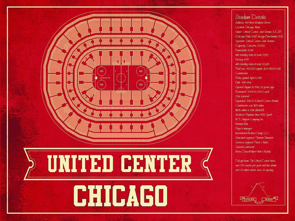 14" x 11" / Unframed Cutler West Chicago Blackhawks Team Colors - United Center Vintage Hockey Blueprint NHL Print