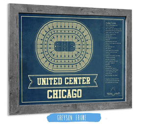 14" x 11" / Greyson Frame Cutler West Chicago Blackhawks - United Center Vintage Hockey Blueprint NHL Print