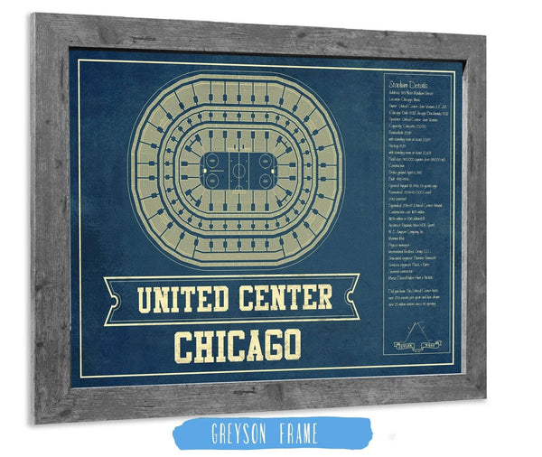 14" x 11" / Greyson Frame Cutler West Chicago Blackhawks - United Center Vintage Hockey Blueprint NHL Print