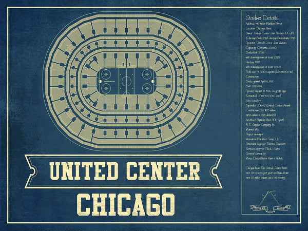 14" x 11" / Unframed Cutler West Chicago Blackhawks - United Center Vintage Hockey Blueprint NHL Print