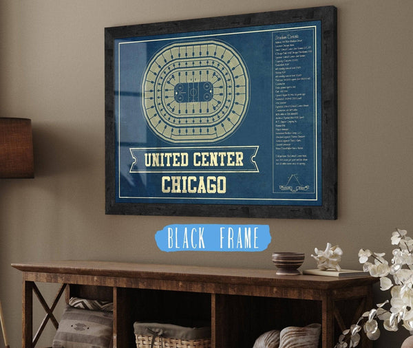 20" x 16" / Black Frame Cutler West Chicago Blackhawks - United Center Vintage Hockey Blueprint NHL Print