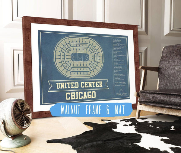 20" x 16" / Walnut Frame & Mat Cutler West Chicago Blackhawks - United Center Vintage Hockey Blueprint NHL Print