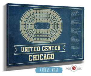 36" x 24" / 3 Panel Canvas Wrap Cutler West Chicago Blackhawks - United Center Vintage Hockey Blueprint NHL Print